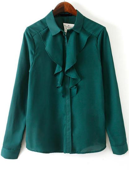 Romwe Ruffle Front Loose Green Blouse