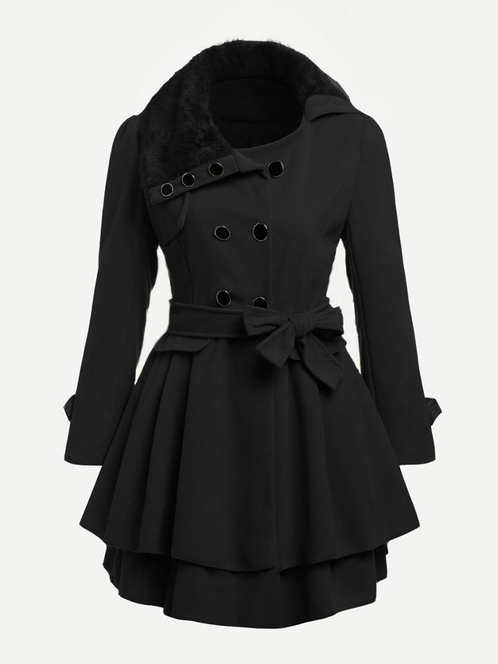 Romwe Contrast Faux Fur Collar Double Layered Hem Coat