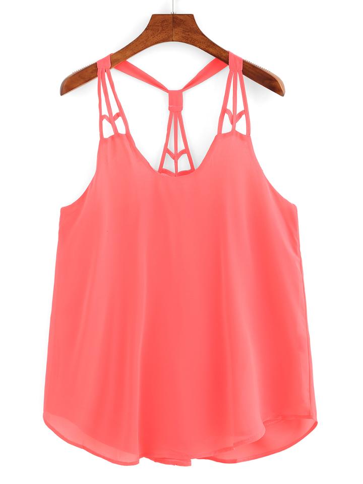 Romwe Knotted Racerback Cutout Cami Top - Fluorescent Pink