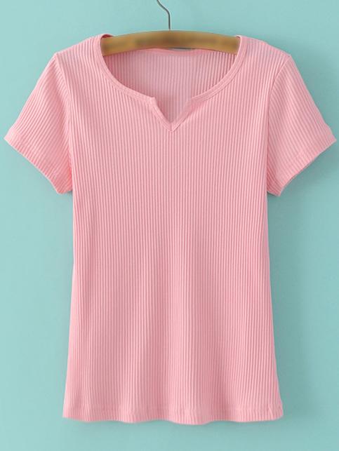 Romwe Pink V Neck Short Sleeve Ribbed T-shirt