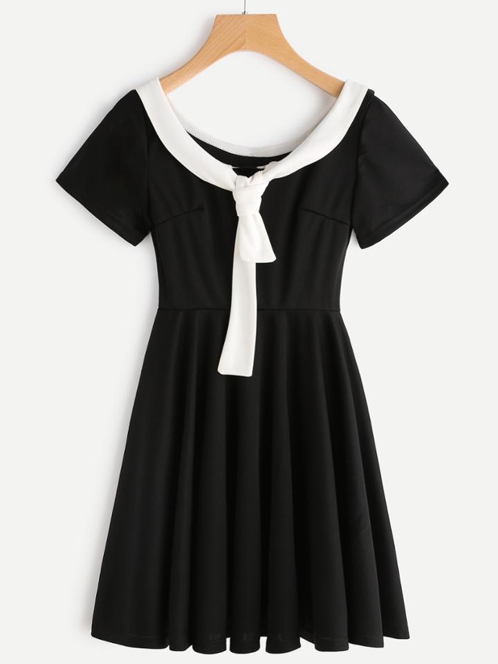 Romwe Contrast Trim Tie Front Pleated A Line Dress