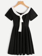 Romwe Contrast Trim Tie Front Pleated A Line Dress