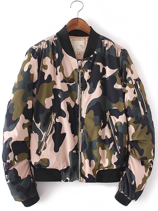 Romwe Camougflage Crew Neck Zipper Front Jacket