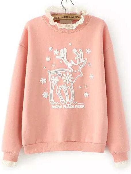 Romwe Stand Collar Contrast Lace Bead Deer Pattern Pink Sweatshirt