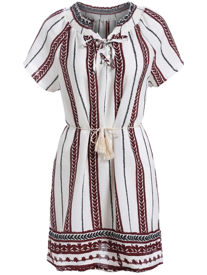 Romwe Lace Up Tribal Print Red Dress