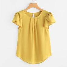 Romwe Pleated Neck Petal Sleeve Curved Hem Blouse