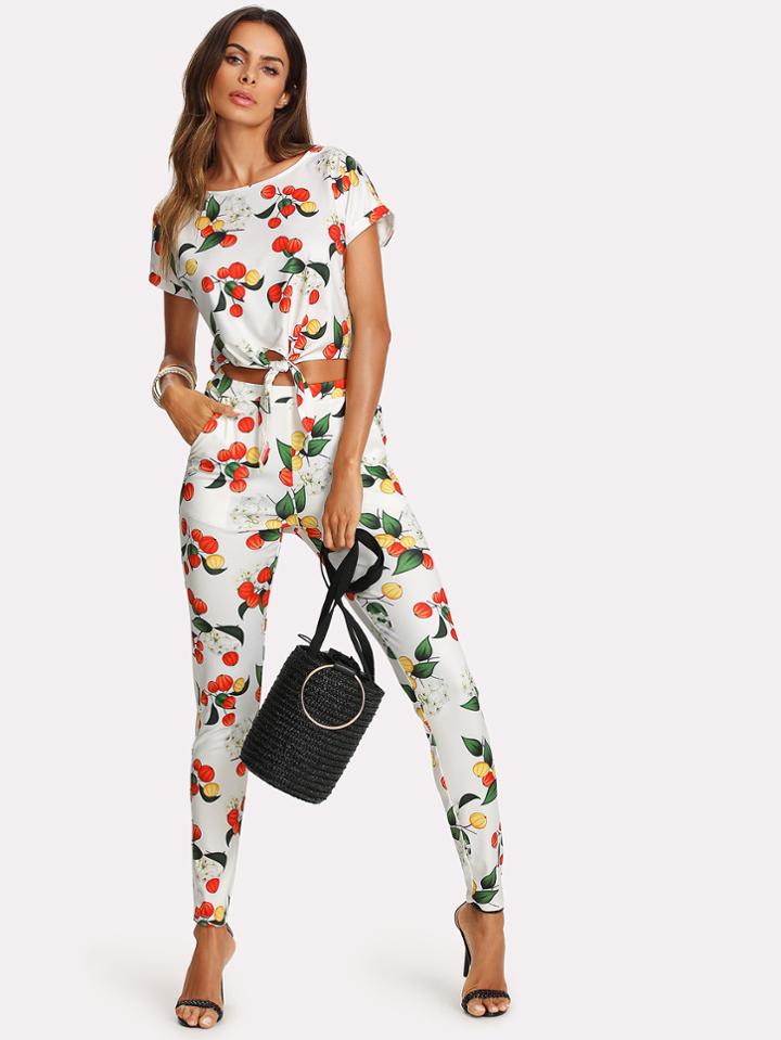 Romwe Botanical Print Knot Front Top And Pants Set