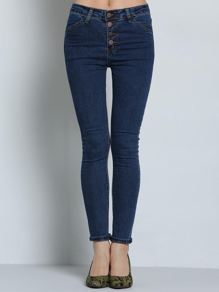 Romwe Single Breasted Denim Slim Pant