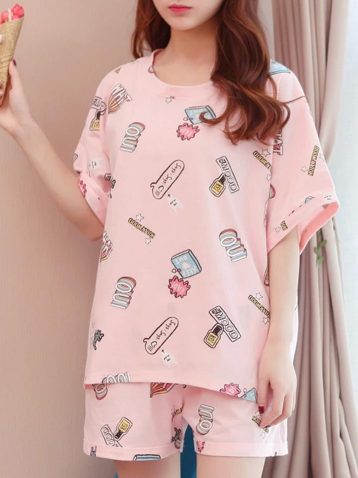 Romwe Allover Pattern Tee & Shorts Pj Set