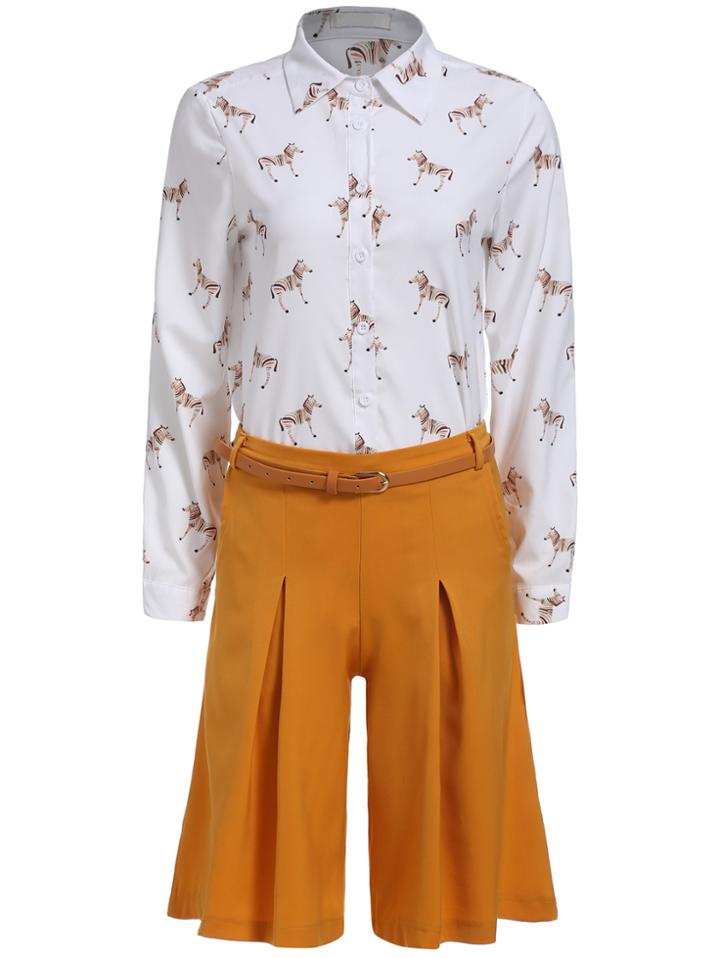 Romwe Lapel Zebra Print Top With Wide Leg Pant