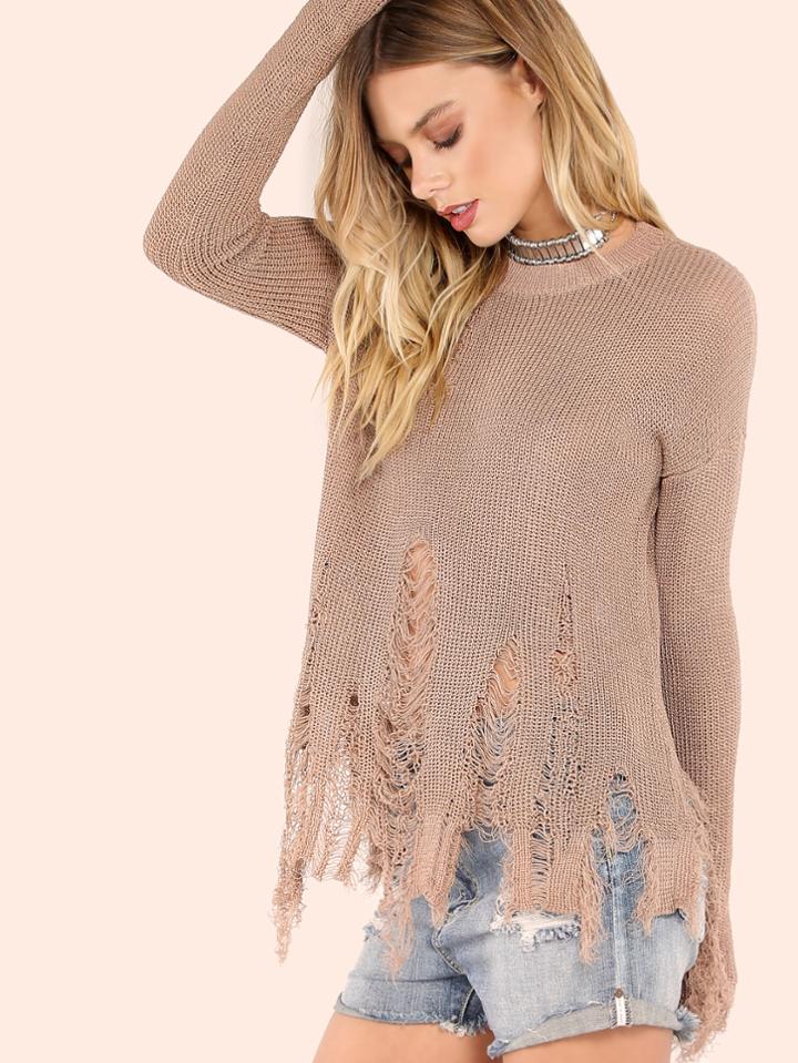 Romwe Distressed Waffle Knit Lightweight Sweater Mocha