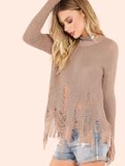 Romwe Distressed Waffle Knit Lightweight Sweater Mocha