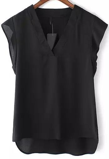 Romwe Black V Neck Ruffle Dip Hem Blouse