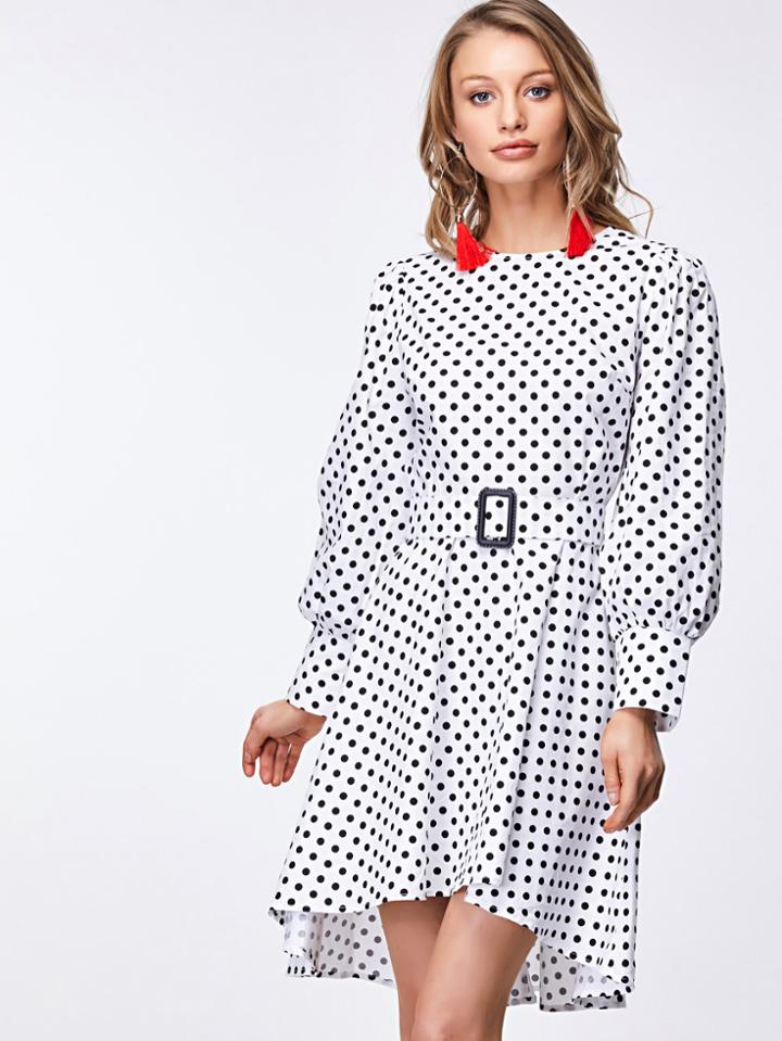 Romwe Bishop Sleeve Belted Polka Dot Dress