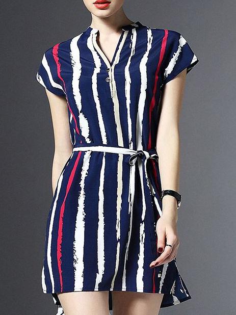 Romwe Navy V Neck Striped Tie-waist Dress