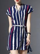 Romwe Navy V Neck Striped Tie-waist Dress