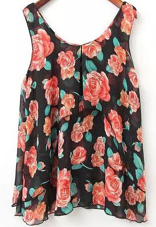 Romwe Scoop Neck Florals Black Tank Top