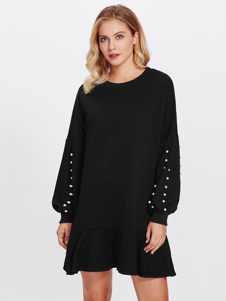 Romwe Pearl Beaded Detail Frill Hem Dress