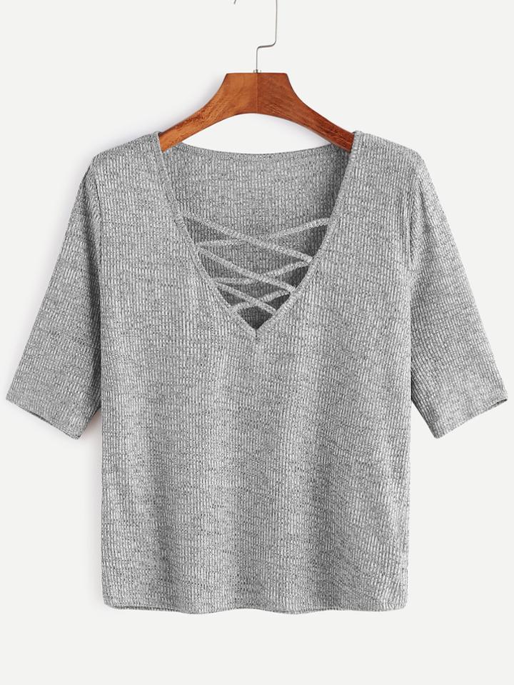Romwe Grey Criss Cross Deep V Neck Ribbed Knit T-shirt
