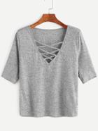 Romwe Grey Criss Cross Deep V Neck Ribbed Knit T-shirt