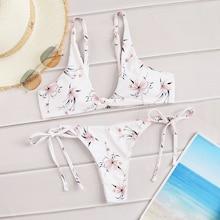 Romwe Random Floral Twist Top With Tie Side Bikini