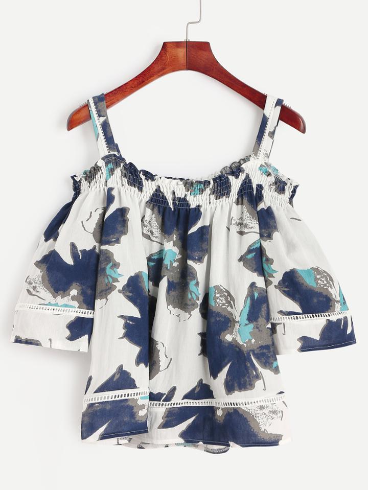 Romwe Flower Print Cold Shoulder Lace Insert Blouse