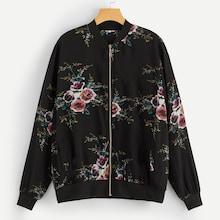 Romwe Plus Floral Print Zip-up Jacket