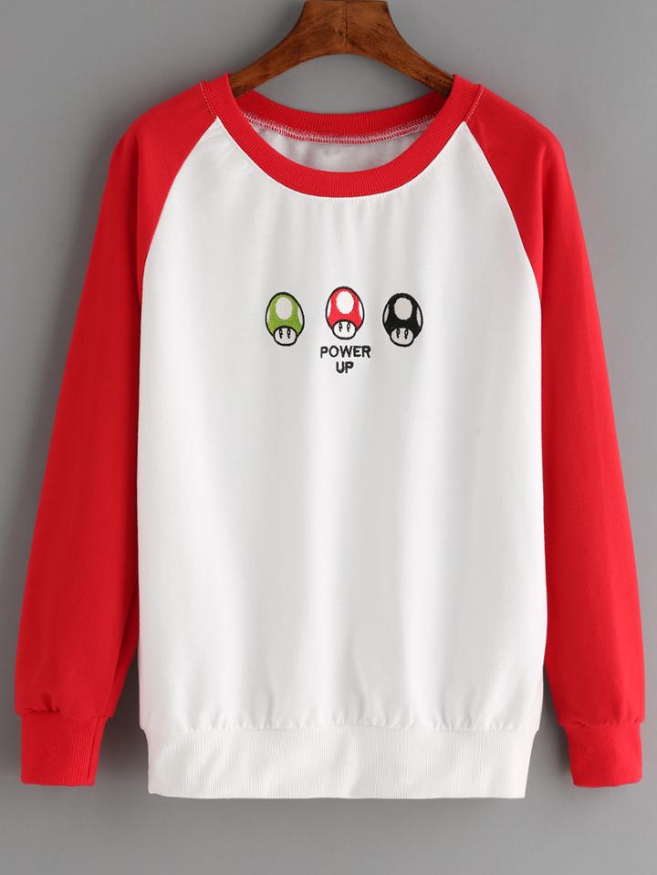 Romwe Raglan Sleeve Mushrooms Embroidered Sweatshirt