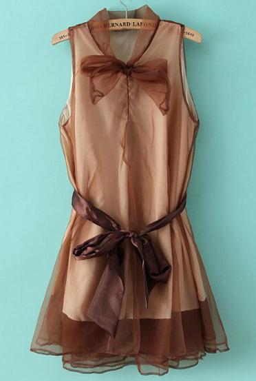 Romwe Sheer Mesh Bow Coffee Dress