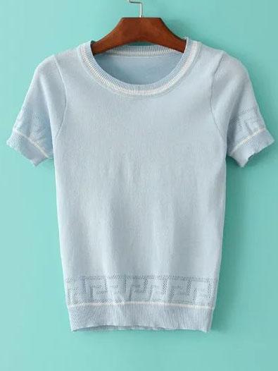 Romwe Blue Striped Trim Short Sleeve Sweater