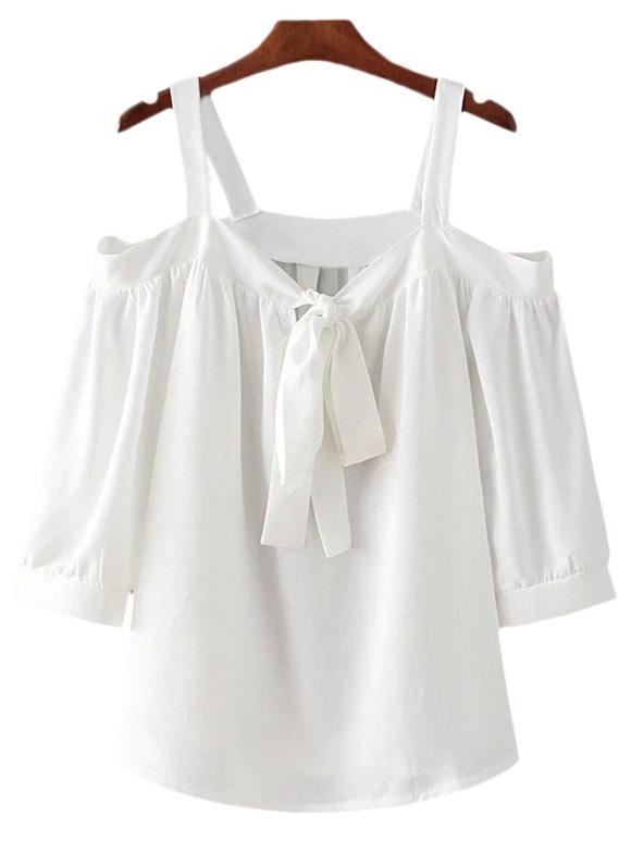 Romwe White Tie-neck Bow Open Shoulder Blouse