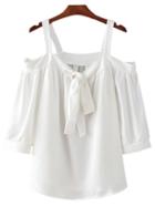 Romwe White Tie-neck Bow Open Shoulder Blouse