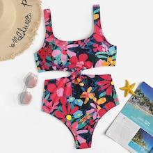 Romwe Random Floral Scoop Neck Cut-out One Piece Swim