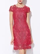 Romwe Red Round Neck Short Sleeve Bodycon Lace Dress