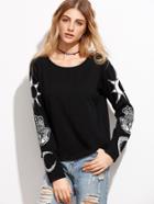 Romwe Black Vintage Print Drop Shoulder T-shirt