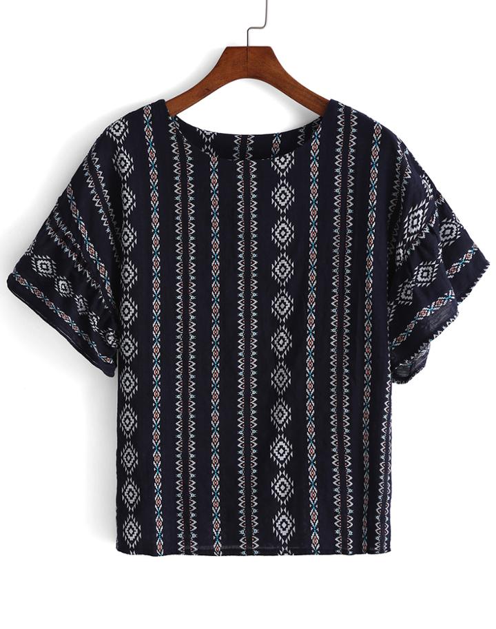 Romwe Tribal Print Black Top