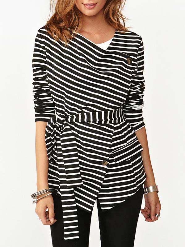 Romwe Black White Long Sleeve Striped Coat