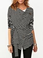 Romwe Black White Long Sleeve Striped Coat