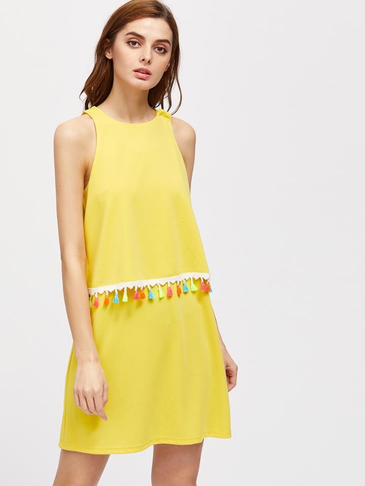 Romwe Tassel Trim Overlap Back Two Layer Dress