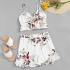 Romwe Floral Print Cami Top With Ruffle Trim Shorts
