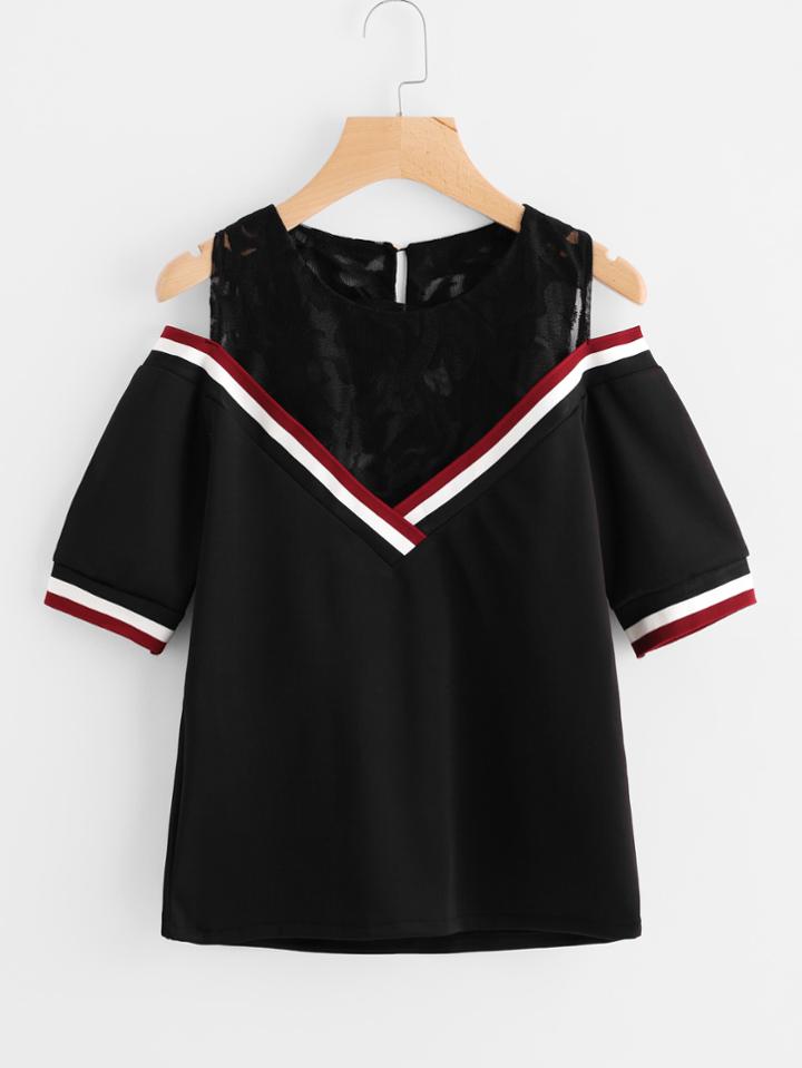 Romwe Open Shoulder Lace Panel Striped Trim Tee