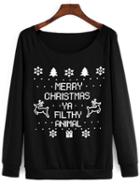 Romwe Black Scoop Neck Christmas Snowflake Sweatshirt