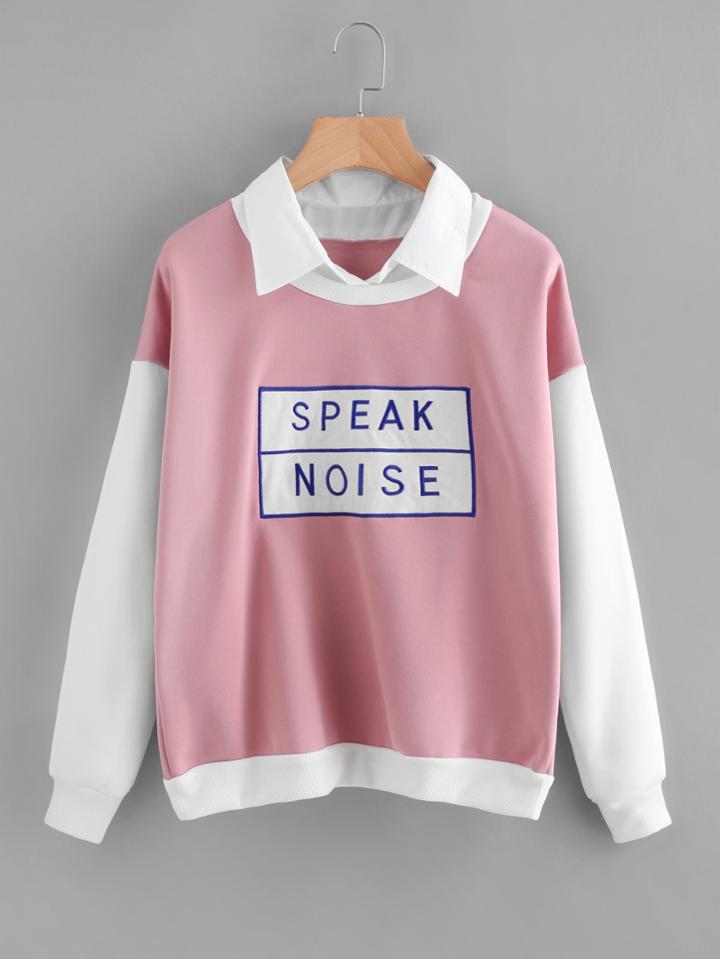 Romwe Letter Embroidered Contrast Sleeve Sweatshirt
