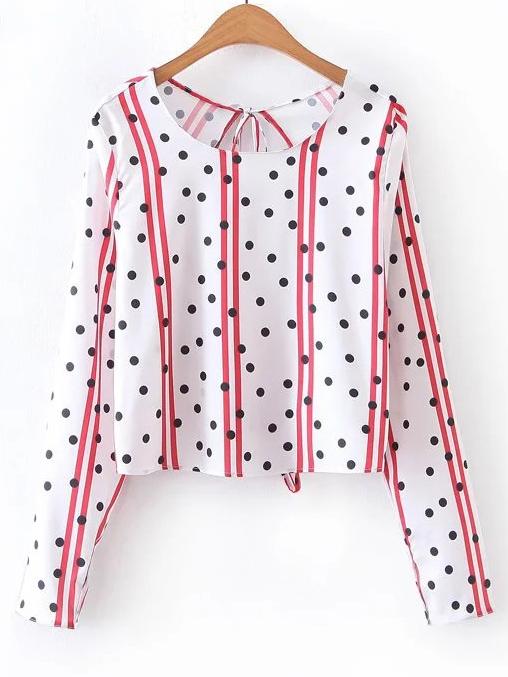 Romwe Striped Dot Print Slit Lace Up Back Blouse