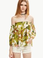 Romwe Green Tropical Print Off The Shoulder Top
