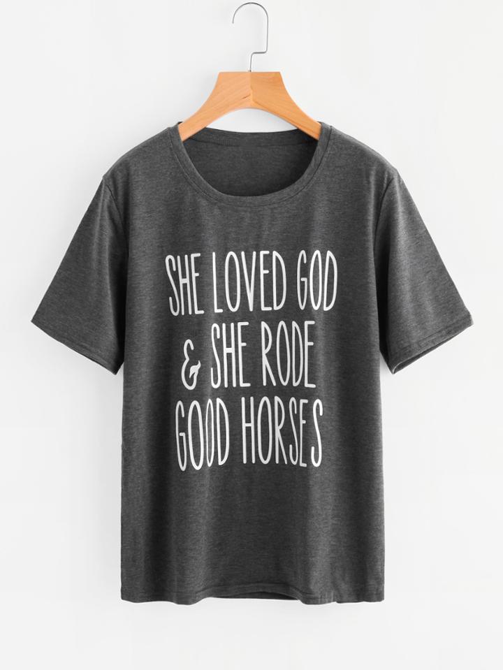Romwe Slogan Print Marled T-shirt