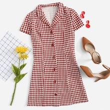 Romwe Tie Detail Button Shepherd Check Dress
