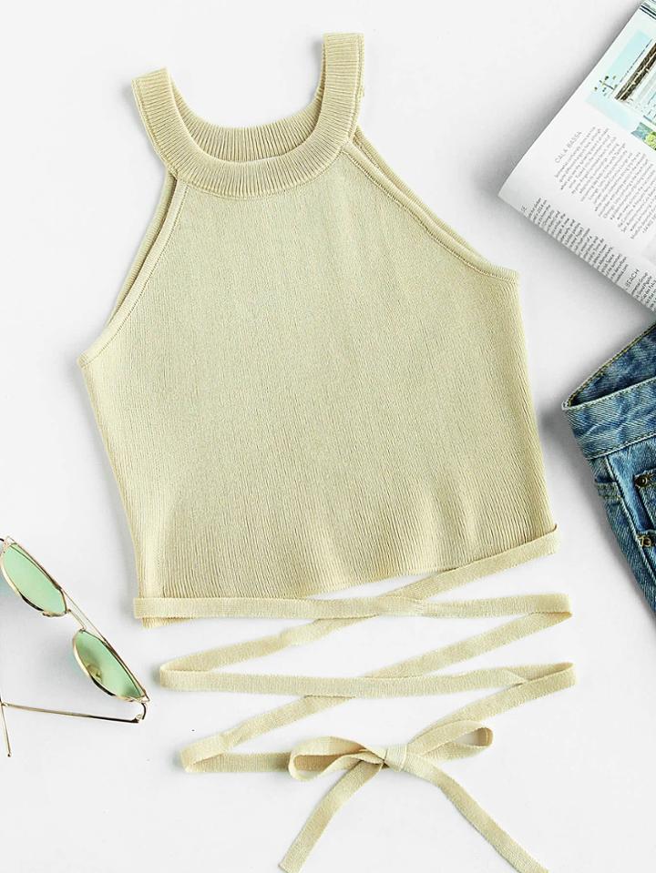 Romwe Lace Up Self Tie Ribbed Top