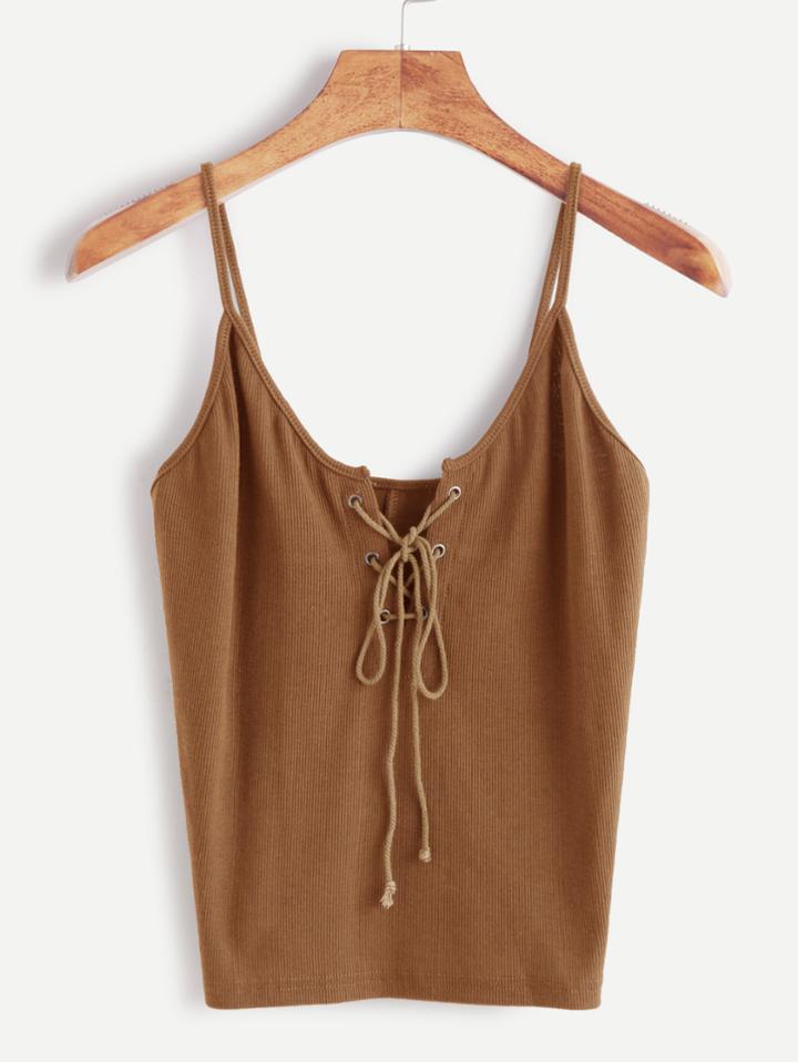 Romwe Khaki Lace Up Front Cami Top