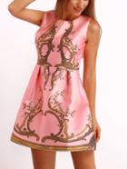 Romwe Pink Sleeveless Branches Print Flare Dress
